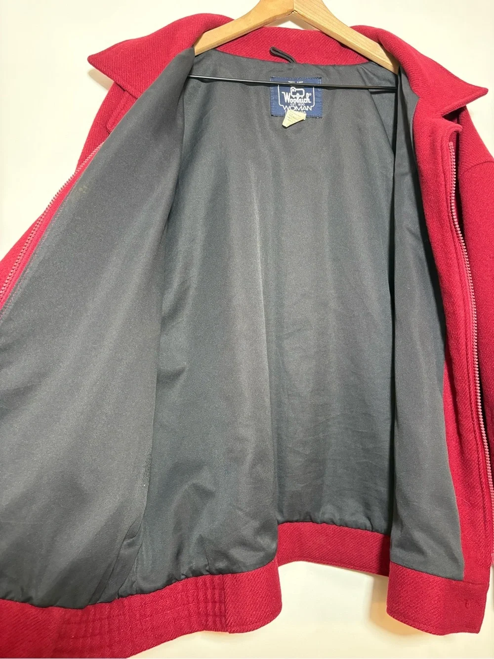 Vintage The Woolrich Womens XL Wool Jacket Coat Red USA Zip Button Lined EUC
